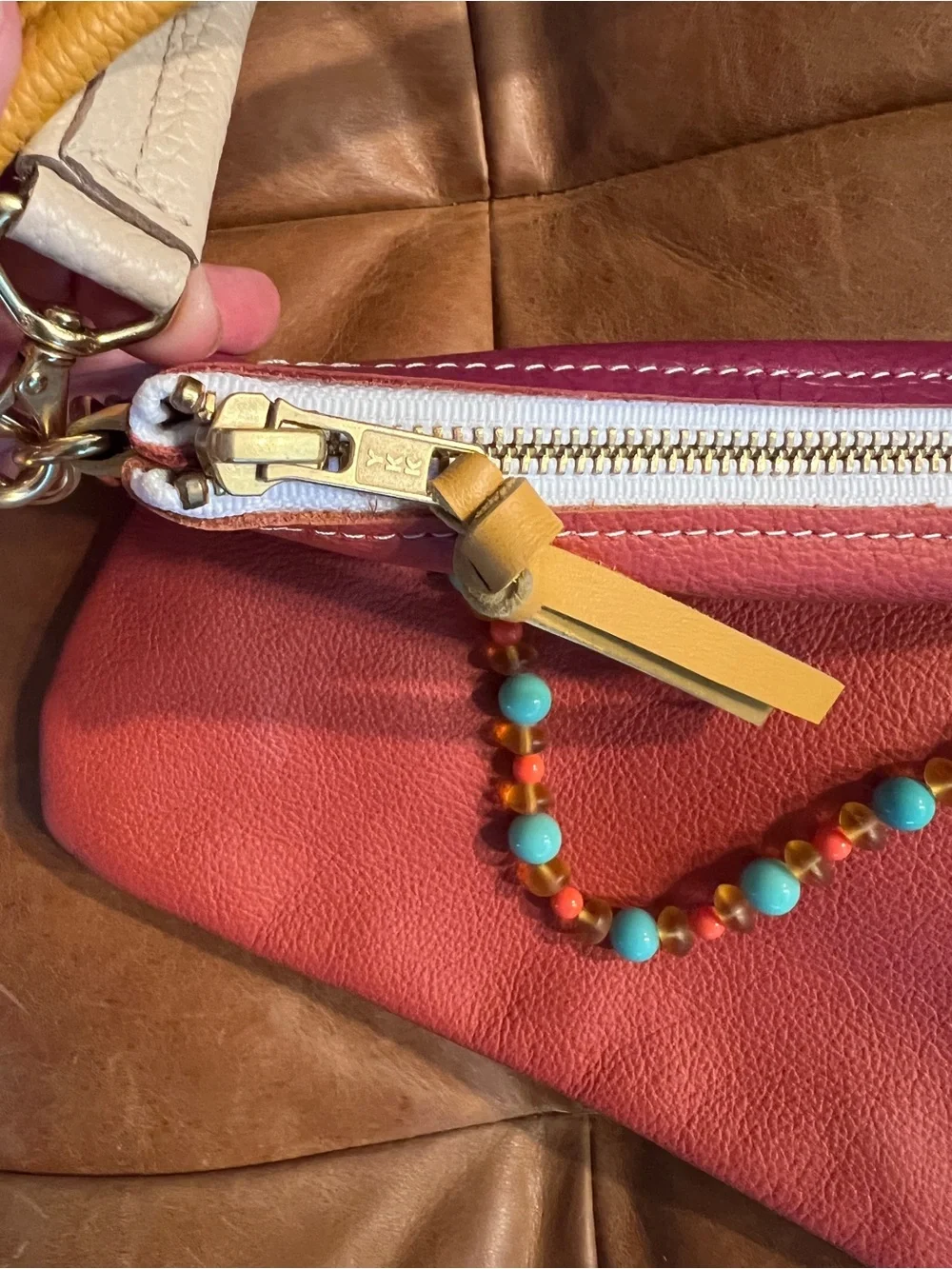 Baqette Leather Crossbody Bag with 2 Straps and Decorative Beadshop Brand Strap